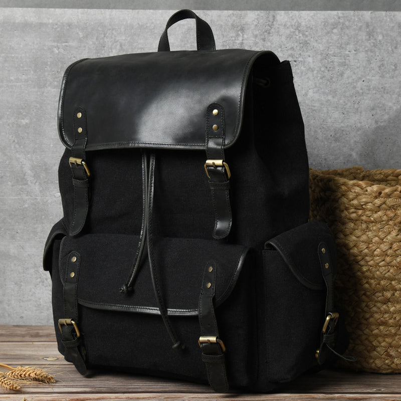 Handcrafted Leather + Canvas Backpack | Made in India | All Black